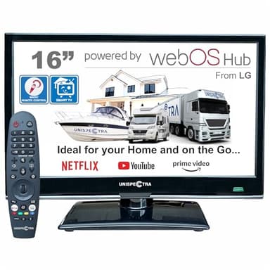 Unispectra ® 16” Smart TV (webOS) 12v Full HD 230v 24v TDT y sintonizador Sat, 3X HDMI, 2X USB, Magic Remote. Televisores de 12V para Autocaravanas, Campervan, Camión, Furgoneta, Barco