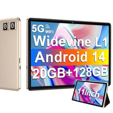Tablet 11 Pulgadas Android 14 con 8000 mAh + Carga Rápida 18W, 13MP + 5MP, 20GB RAM + 128GB ROM (Ampliable a 1TB), Tablets con Widevine L1, 5G Wi-Fi, GPS, 8 Cores 2.0 GHz, Face ID, Bluetooth 5.0, Oro