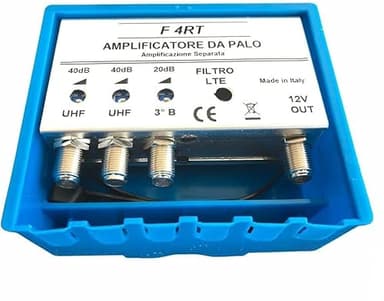 Vsnetwork Amplificador mástil Antena TV con Filtro Lte/4G, Ganancia máxima de 40 dB Ajustable, Amplificador Antena TV 2 entradas UHF + 1 VHF, Bandas separadas