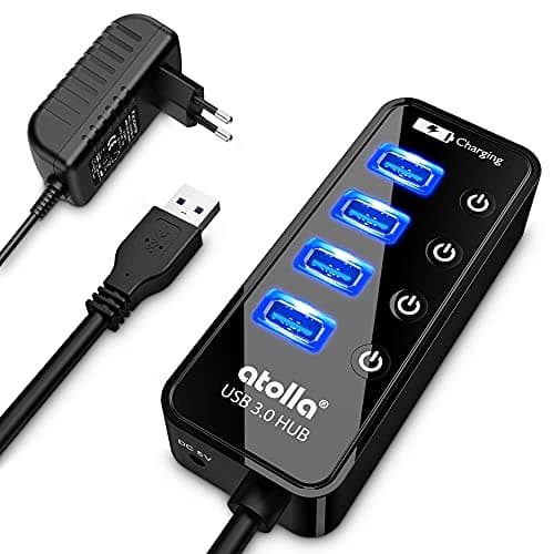 atolla Hub USB Alimentado, Hub USB 3.0 a 4 Puertos con Interruptor Independiente -Incluye Adaptador de Corriente