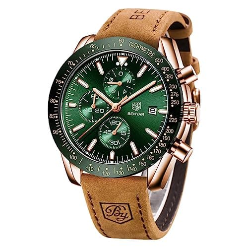BENYAR Reloj para Hombre, Moda Casual 30M Resistente al Agua Cronógrafo Deportivo Reloj Analógico de Cuarzo para Hombre con Calendario y Correa Marrón(Oro y Verde)