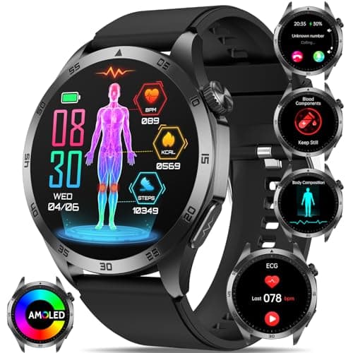 2025 Reloj Inteligente con ECG/HRV/Ácido Úrico/Lípidos/𝐆𝐥𝐮𝐜𝐞𝐦𝐢𝐚, 1.43" AMOLED Smartwatch con Detección de BMI/Fatiga/Emociones, Presión Arterial, Temperatura Corporal, Sueño Pulsera Actividad