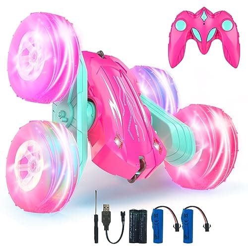 Coche Teledirigido,Coche AcrobáTico Camiones 360 Grados De RotacióN,Juguete Niño Regalo 3 4 5 6 7 8 9 12 Años Niña 2.4Ghz Niños Coche Teledirigido con Luces Incluye Batería Recargable(Rosa)