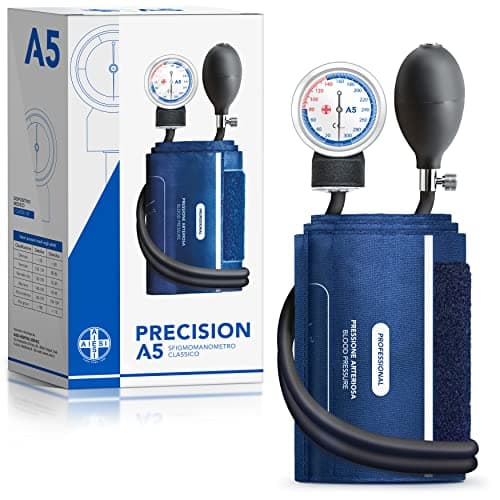 AIESI® Esfigmomanometro Manual Profesional Aneroide Tensiómetro modelo clasico con brazalete de nylon para adultos PRECISION A5, Garantía 24 meses