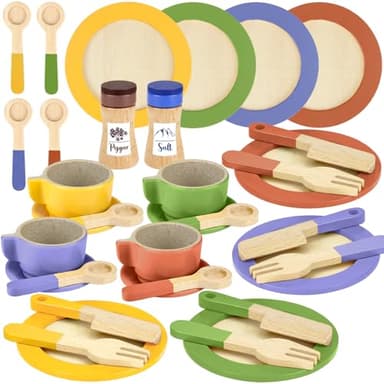 Beberolen 26 Piezas Juguetes de Platos de Cocina de Madera, Vajillas de Juguete para Cocinita, Utensilios de Cocina con Tazas y Cucharas, Juego de rol para Niños y Niñas de 3+ Años