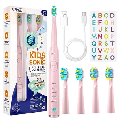 Seago Cepillo Electrico Infantil, Cepillo Dientes Electrico Infantil Recargable con Divertidas Pegatinas DIY, Temporizador de 2 minutos, 4 Cabezal de Recambio, Rosa