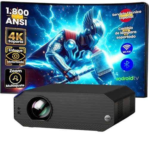 Proyector 4K, Unicview K5000, 1800 ANSI lúmenes, Videoproyector Cine en casa y presentaciones con Android, Enfoque motorizado, Keystone 4D, Zoom Digital, HDMI, USB-A, USB-C, Audio Jack, Altavoces 10W