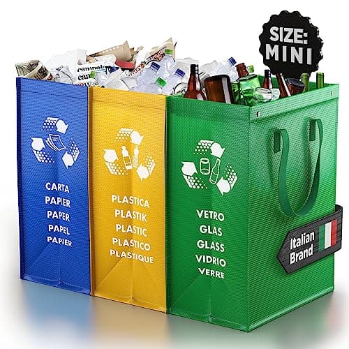 PTMS® Cubos de basura de reciclaje - 3 Cubo basura reciclaje para vidrio, papel y plástico - Bolsas reciclaje en colores estándar - Papelera cocina fácil de vaciar