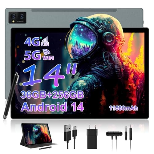 WOREGOO 14 Pulgadas Android 14 Tablet, 5G WiFi y 4G LTE Touch, 36GB RAM + 256GB ROM (1TB TF), Octa-Core/Pantalla 2000 * 1200HD 2K/BT5.0/13MP + 8MP/11580mAh/GPS con Funda y Stylus, Gris