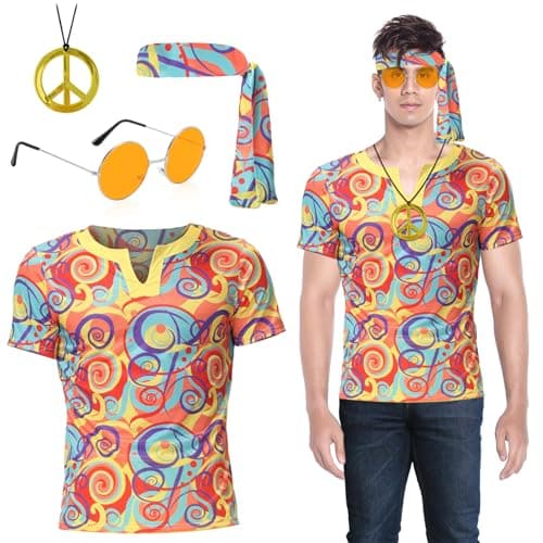 Oneshlee 70s Disfraz Hippie Hombre, Disfraz Carnaval Hombre, Disfraces Halloween Hombre, 60s Disco Costumes Adulto Fiesta Accesorios Set Camiseta Venda Colgante (L)