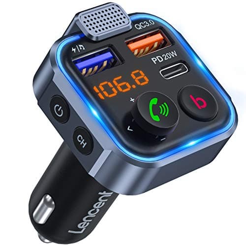 LENCENT Transmisor FM Bluetooth 5.3,Manos Libres Reproductor Música Coche, Deep Bass Sonido Hi-Fi, Adaptador Radio Bluetooth 2 USB+Tipo C 20W Carga Rápida, Soporte Memoria USB