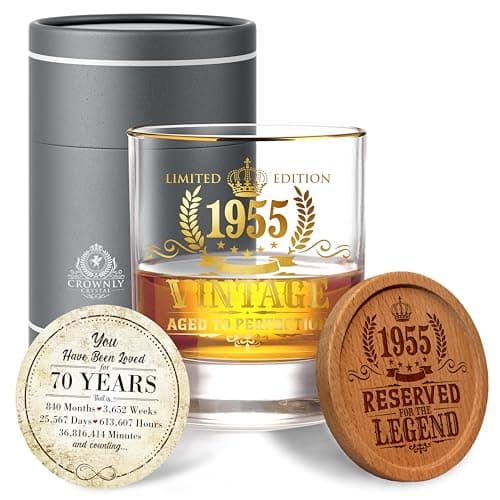 CROWNLY CRYSTAL® 1955 Regalo Hombre 70 Años Vaso Whisky Regalos Originales Para Hombre Regalos Personalizados Regalo Padre Regalos Para Abuelos Regalo Personalizado Hombre Regalos Para Hombre