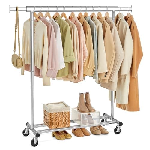 SONGMICS Burro Ropa con Ruedas, Perchero Burro Extensible con Carga Pesada, Capacidad de Carga Máx. de 100 kg, 45 x (92-132) x 161,5 cm, Fácil de Montar, Portátil, Plata HSR13S