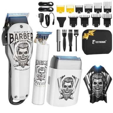 BESTBOMG Maquina Cortar Pelo Profesional, Maquina Barbero Hombre & Máquina de Afeitar Eléctrica, Cortapelos Kit con 10 Peine Guía, Cortadora de Pelo Recortadora con Capa de Barbero (White)