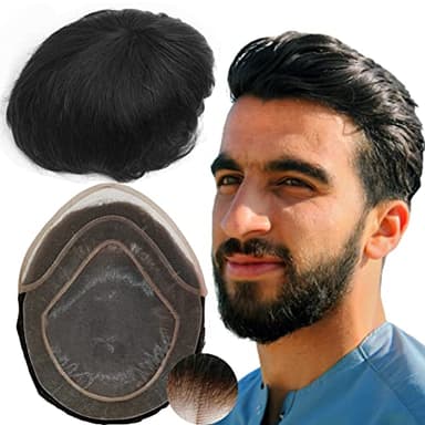 Yanahair Protesis Capilar Hombre Tupé Sistema de Encaje de Pelo Humano 100% Europeo Para Hombres Encaje Francés Fino con PU Alrededor(#1 negro profundo, 8x10)