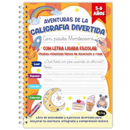 Finoly Cuaderno Caligrafía Divertida con Pauta Montessori | Niños 5 a 8 años Cuaderno Caligrafía Infantil | Libro Caligrafía Letra Ligada Escolar para Mejorar Escritura Compresión Lectora y Ortografía