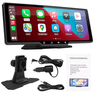 Pantalla Coche de CarPlay/Android Auto Inalámbrico - Portátil Radio Coche con Pantalla táctil de con Bluetooth | Mirror Link | Transmisor FM/USB/TF (9,3 Pulgadas sin cámara)