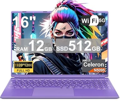 Ordenador Portátil 16 Pulgadas Celeron N5095 Up to 2.9Ghz, Portátil Win 11 con 5G WiFi 12+512GB SSD Expansión 1TB, BT 4.2 Mini Puerto Multimedia Portatiles Ventilador Refrigeración 1920*1200-Morado