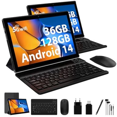 FORUSER Tablet Android 14 de 10 pulgadas, 36 GB de RAM, 128 GB de ROM (TF 1TB) 1280 x 800 IPS, 8000 mAh, BT5.0, 5G WiFi 6, Tablet con teclado, ratón, seguridad, auriculares, Stylet|Negro