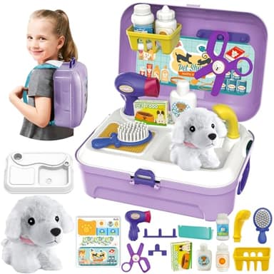 HERSITY Maletin Veterinaria Juguete con Mochila, Set Veterinario Perritos de Juguete, Juego Cuidado de Mascotas, Regalos para 3 4 5 6 Años Niños Niñas