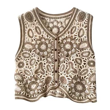 Goadameleri Chaleco de Punto de Ganchillo de Las Mujeres Boho Coreanas Chaleco Vintage Patrón Floral Colorido Chaqueta de Punto sin Mangas Retro Hippie con Cuello en V Top Corto con Botones