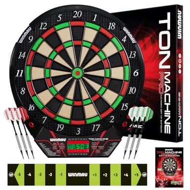 WINMAU Darts - Ton Machine Tablero de Dardos electrónico con más de 90 Juegos y Marcador Digital para 8 Jugadores: 2 Juegos de Dardos de Punta Blanda, línea de Lanzamiento y Puntas de plástico