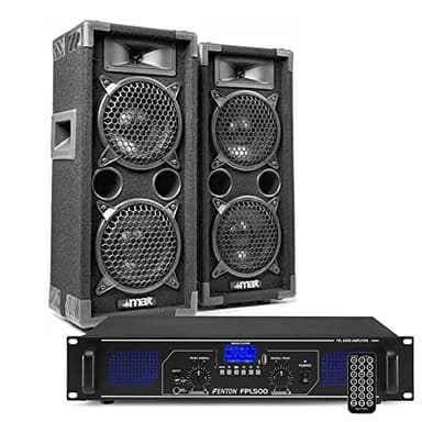 MAX26 - Conjunto Completo de megafonía, Conjunto de Altavoces para DJ de 1200 vatios con Amplificador y Cable, Conjunto de Altavoces, Conjunto de Karaoke, Sistema de Sonido, Color Negro