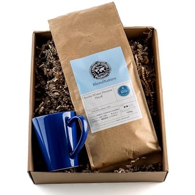 Café Descafeinado Swiss Water en Grano 1kg Natural–Procesado en Canadá utilizando únicamente agua y tiempo elimina la cafeína en un 99,9% Conserva todo su sabor–Libre de productos químicos-Taza regalo