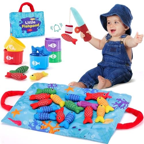 hahaland Juguetes Niños 1 Año - Juego Pesca con 15 Peces Tela, Cubos Apilables, Bolsa - Juguetes Montessori para Niños 1 Años, Regalo Bebes 6-12 Meses
