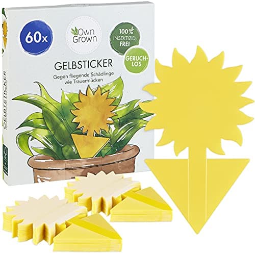 OwnGrown Trampa para Moscas Amarilla para Plantas de Interior - Paquete de 60 Pegatinas para Control de Mosquitos - Trampa para Moscas de Fruta de Girasol Ideal para Plantas de Interior - 13,5x7,5 cm
