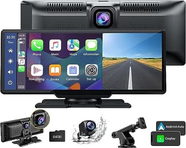 Lamto Inalámbrico Carplay y Android Auto, Estéreo Portátil de 9,26 Pulgadas Radio con Dashcam Frontal 2K, Cámara Trasera 1080P, Pantalla Tactil, Bluetooth/GPS/FM/Siri/Google/Enlace Espejo/AUX/64GB TF