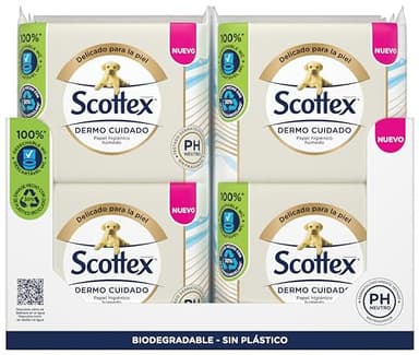 Scottex Papel Higiénico Húmedo Dermo Cuidado PH Neutro para Pieles Delicadas, Biodegradable y Sin Plástico, Caja 12 packs con 66 servicios, Total 456 Toallitas Húmedas Desechables por WC