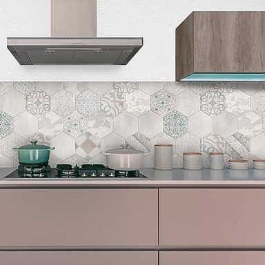 CREARREDA Panel protector antisalpicaduras cocina adhesivo de pared Beige Hexagons 180x60cm 100% made in Italy con tinta no tòxica, ignìfuga y resistente al agua