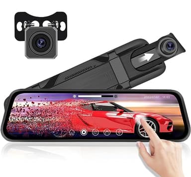 Cámara de Coche 1080P HD Dashcam con 9.66 Pantalla táctil,Espejo retrovisor Frontal y Trasero,G-Sensor,Grabación en Bucle,Monitor de Aparcamiento 24H,Guía de Aparcamiento,Visión Nocturna,Impermeable