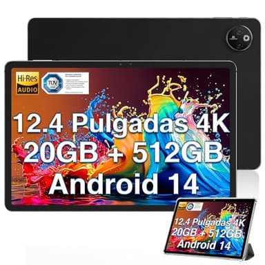 DOOGEE T30Max Tablet 12.4 Pulgadas 4K, Android 14 Tablet, 20GB RAM + 512GB ROM (2TB TF), Helio G99 Tablets con 10800mAh Batería y Carga Rápida de 33W, 50MP+20MP TUV Certificado Huella Lateral, Negro