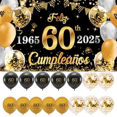 (1+15) Decoración para Cumpleaños 60 Escrita en Español 1 Pancarta Feliz Cumpleños 60 Decoración 60 Años Negro Oro Happy Bithday Fondo Cartel con15 Globos para Cumpleaños Adornos Kit para Cumpleaños