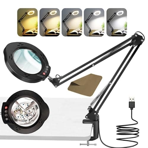Kevsuvqin Lupa con Luz Led para Manualidades, 10X Lupas de Gran Aumento, 5 Color, 10 Brillo, Lampara con Pinza Metálico & Brazo Largo Ajustable, Lampara Lupa Led con Luz para Costura & Reparación
