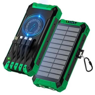 Power Bank 26800 mAh, Power Bank Solar Inalámbrico con 4 Cables 15W USB-C Carga Rápida 6 Salidas 3 Entradas para iPhone Samsung, Batería Externa Portátil Exterior con Linternas, Mosquetón