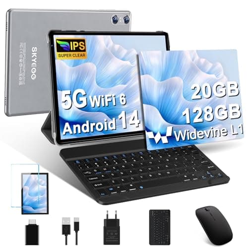 SKYEGG Tablet 10 Pulgadas Android 14 con 20 GB RAM + 128 GB ROM (Ampliable a 1TB), Widevine L1, 5G Wi-Fi 6, GPS, 8 Core, 8 MP + 5 MP, USB-C Tablet con Teclado + Ratón + Funda, Gris Tinta