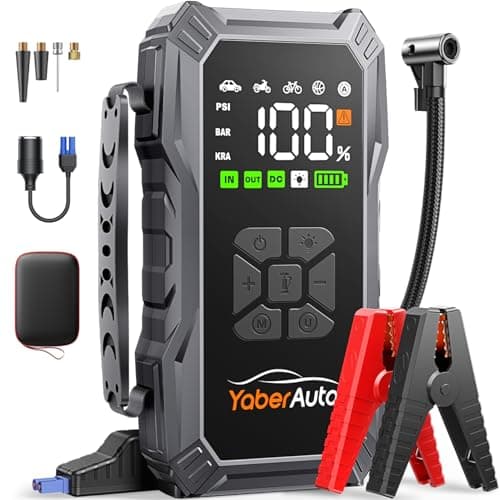 Arrancador de Baterias de Coche con Compresor de Air, 5500A YaberAuto Arrancador de Coche Portatil (Todo Gas/10,0L Diesel) con 150PSI Inflador, Pantalla Grande y Linterna LED
