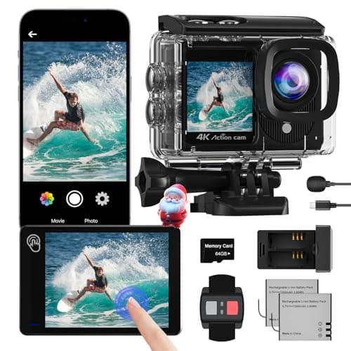 4K60FPS Cámara Deportiva con Pantalla Táctil,48MP con 64GB WiFi Camara Acuatica,40M Cámara Subacuática,EIS 170° Camara Acción con Mando, Micrófono y 2 Baterías.