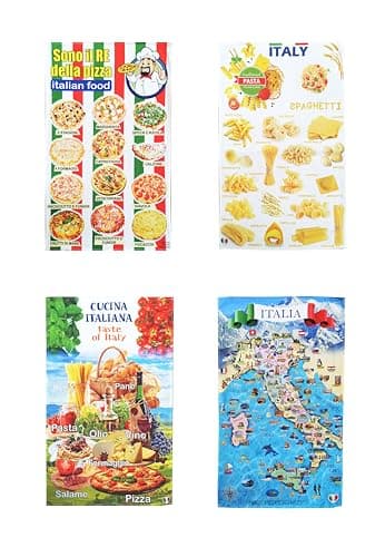 Generico Juego de 4 paños de cocina italiana, para pasta, pizza, fabricado en Italia, productos típicos italianos, algodón 100%