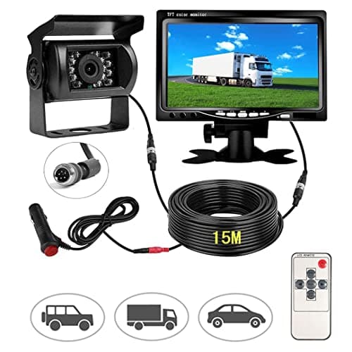 Cámara Trasera de Coche de señal HD, Monitor de 7" y Camara de Marcha Atras Impermeable Visión Nocturna, 170 ° Ajuste Gran Angular para RV Bus Remolque Camión Furgoneta