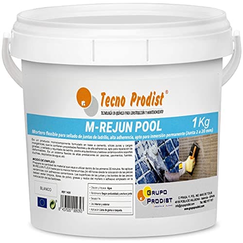 Tecno Prodist - M-REJUN POOL (1 Kg) Mortero flexible para sellado de juntas de baldosas y gresite en piscinas, ceramica, ladrillo, etc, apto para inmersión permanente (Junta 2 a 20 mm) Blanco