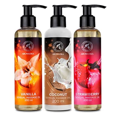 Aceite de Masaje de Vainilla - Coco - Fresa 3х200ml - Aceite de Masaje y Relajación - Aceite de Almendras y Aceite de Semilla de Uva - Cosméticos Naturales con Delicioso Aroma - Comestible y Besable