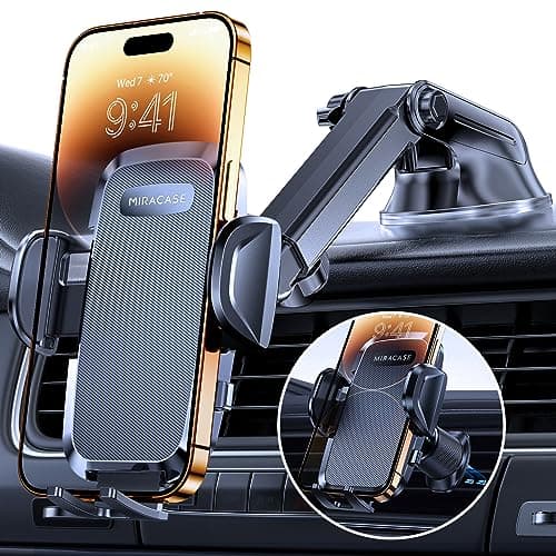 Miracase Soporte Movil Coche [Potente Ventosa], Doble Soporte Metálico para Parabrisas/Salpicadero/Ventilación de Aire, Soporte Teléfono Coche Universal para Smartphone