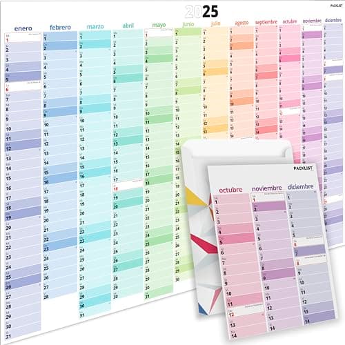 PACKLIST® Calendario Anual 2025 Pared Grande DIN A1 84 x 60 cm. Planificador Anual 2025 Pared XXL en Español, Festivos de España - Potencia la Organización Familiar, Estudios y Trabajo!