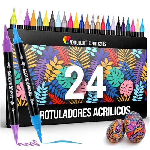 Zenacolor Rotuladores Acrilicos con Doble Punta (Punta Fina y Pincel) - 24 Colores únicos de Rotuladores Permanentes para Distintas Superficies y Obras de Arte - Rotuladores Acrilicos Permanentes