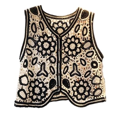 Haibuw Chaleco de punto de ganchillo para mujer, estilo bohemio, estampado floral, sin mangas, cuello en V, Negro