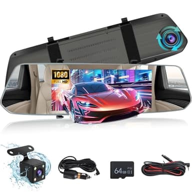 Espejo Retrovisor con Camara Pantalla Táctil Full de 7 Pulgadas/Grabación en Bucle/Visión Nocturna/G-Sensor/Detección de Movimiento 24 Horas + Cámara de Seguridad + Tarjeta TF 64G